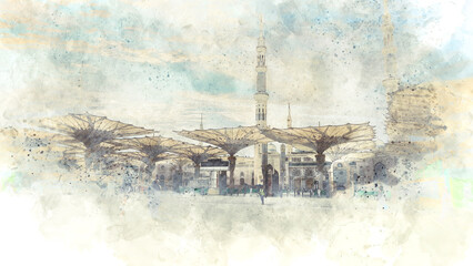 A watercolor painting of nabawi mosque in madinah, saudi arabia.