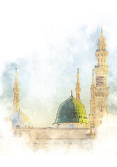 Watercolor painting of the dome of Nabawi mosque.
