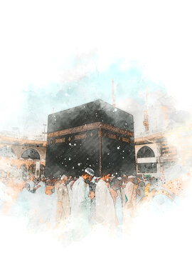 watercolor painting of prayers does hajj at Kabah, mecca.