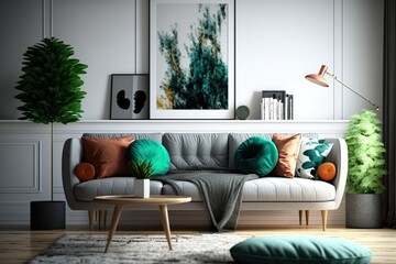 Sofa and wall frame in the white modern living room