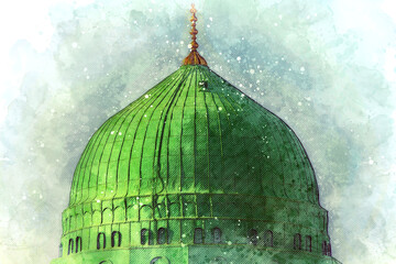 Watercolor painting of the green dome of the Nabawi mosque, Medina.