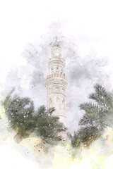 Fototapeta premium watercolor painting of minaret of quba mosque, madina.