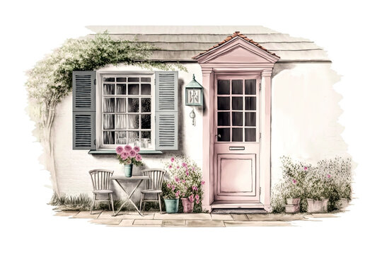 White house with pink front door with window, shutters a small table and chairs.  AI generated background illustration in a detailed watercolor style