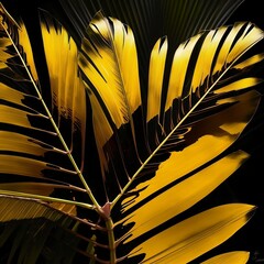 yellow feather on black background, palm, palm tree, nature, created using generative AI 