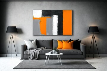 The modern interior design of the living room with orange sofa and wall frame artwork 