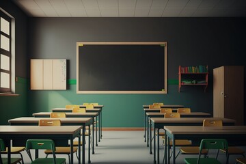 Classroom with chairs and black chalkboard