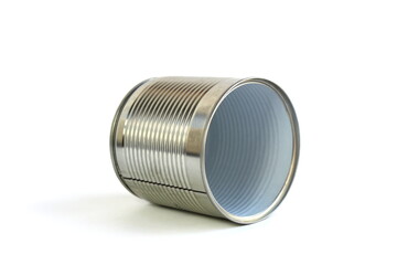 An empty aluminum can is on a white background.