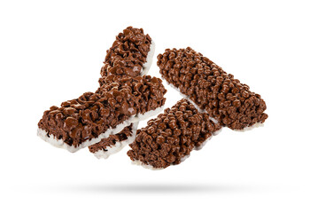 Chocolate cereal bar falling in the air isolated on transparent background. PNG