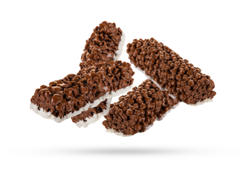 Chocolate cereal bar falling in the air isolated on transparent background. PNG