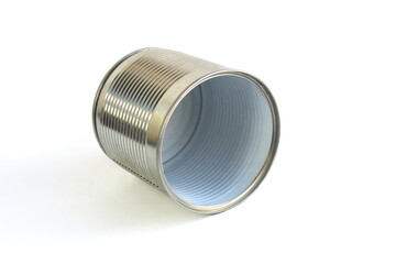 An empty aluminum can is on a white background.