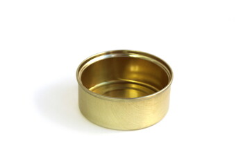 Iron empty jar of yellow color stands on a white background.