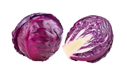 Obraz premium Whole and half red cabbage isolated on transparent background. PNG