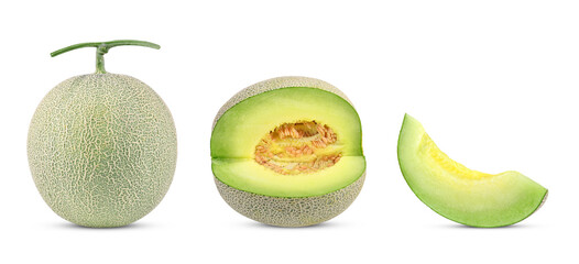 Whole and slices cantaloupe melon with seed isolated on transparent background. PNG