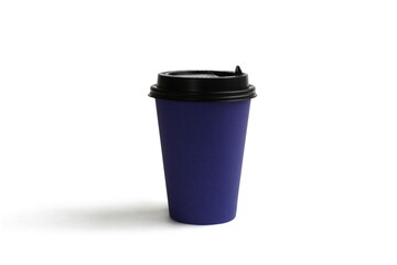 On a white background is a blue cardboard glass with a lid.