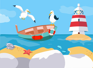 Marina, port on seashore. Seagulls near boat and lighthouse. Cartoon objects and landscape. Vector illustration. Design template, poster, printable postcard. 