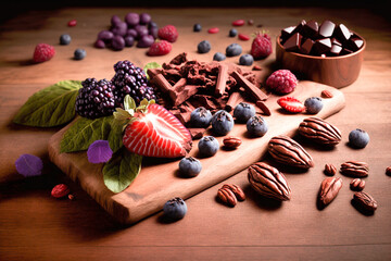 Group of food high in antioxidant consisting nuts, berries, dark chocolate. Created with Generative AI technology.