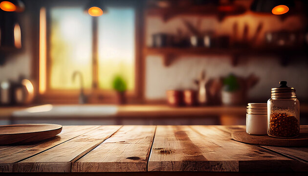 Rustic Farmhouse Kitchen - Empty Wooden Table with Out-of-Focus Lights Bokeh (Generative AI)