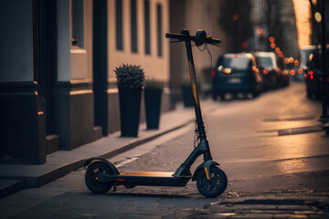 Yellow e-scooter on city sidewalk, Generative AI
