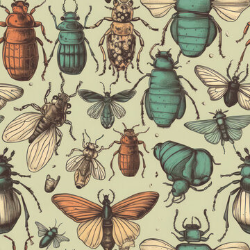 Beetle and bug seamless pattern. Various types of AI generated insects.