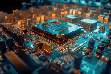Obraz premium Close-up of an electrical printed circuit board. Multicore, gold and blue, super powerful. Generative AI
