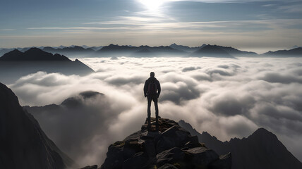 Person standing above clouds on mountain top, gazing at the sea of fog and rising above the world. - obrazy, fototapety, plakaty