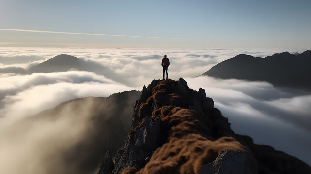 Person standing on mountain top, above clouds and fog, in wanderer's silhouette against abstract positive energy background.