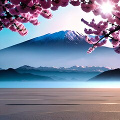 Beautiful cherry blossom tree with cold atmosphere behind the iceberg background and the sun as a complement to the concept of AI generative technology