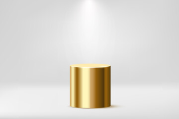 Gold cylinder podium vector illustration. 3D realistic empty golden platform pedestal for product display in showroom, soft light of spotlight lighting round studio stand from top