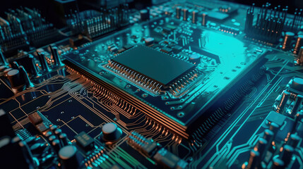 Close-up of an electrical printed circuit board. Multicore, gold and blue, super powerful. Generative AI