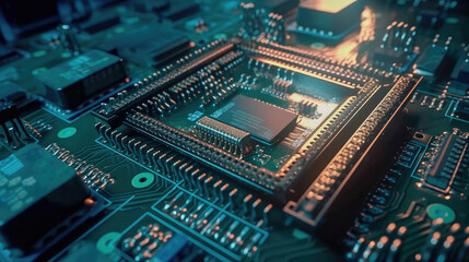 Fototapeta premium Close-up of an electrical printed circuit board. Multicore, gold and blue, super powerful. Generative AI