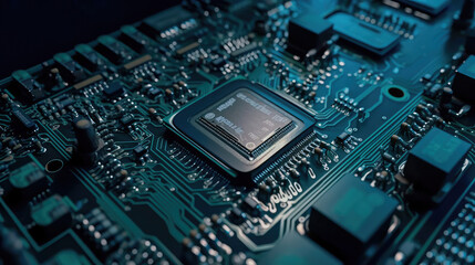 Close-up of an electrical printed circuit board. Multicore, gold and blue, super powerful. Generative AI