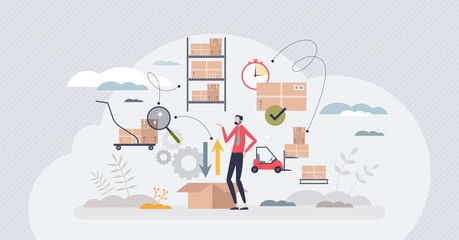 Obraz na płótnie Canvas Inventory management and logistic work from warehouse tiny person concept. Stock supply and storage order effective planning for shipping vector illustration. Retail package movement and optimization