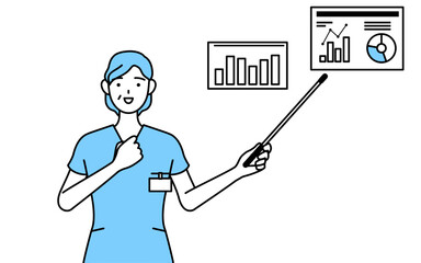 業績グラフを分析するす中年・シニア女性看護師、理学療法士、作業療法士、言語聴覚士、看護助手