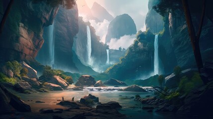 A fantastic scene with wild waterfalls in a dense jungle. A mysterious world where the atmosphere of adventure and wild nature reigns. Generative AI