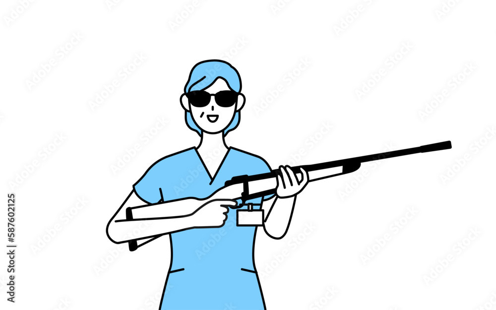 Fototapete サングラスをかけてライフル銃を持つ中年・シニア女性看護師、理学療法士、作業療法士、言語聴覚士、看護助手