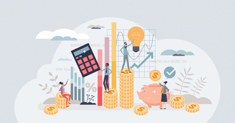 Financial literacy and money or investment management tiny person concept. Budget planning and spending knowledge with ability to save finances vector illustration. Salary and payment accounting.
