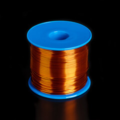 Coil with copper wire, front view on black background. Enamelled, double coated, insulated copper winding wire on a spool, 0.3 mm thick, used for electric motors, transformers and electronic projects.