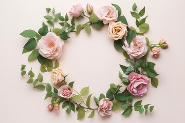Roses flowers and leaf wreath round circle background illustration with Generative AI