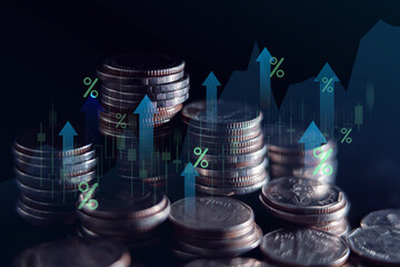 Business finance and investment concept, Capital gain world money economic growth. coin stack...