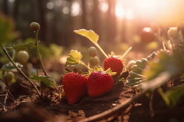 Strawberrie fruits growing in forest. 