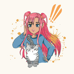 girl with a cat, cute girl drawing, vector graphic design for t-shirt, anime