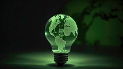 Green world map on a light bulb. Generative AI