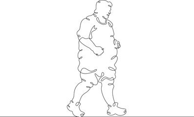 One continuous line. Fat man goes in for sports. Fatty runs on a run. Obesity and unhealthy lifestyle. One continuous line drawn isolated, white background.