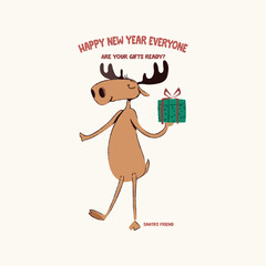 birthday card with deer, cute drawing, vector graphic design for t-shirt, anime