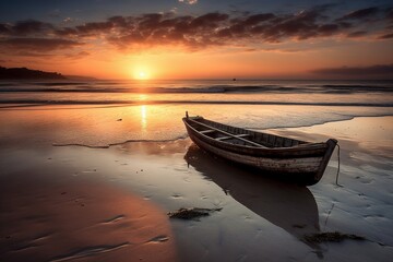 Sunrise Fishing Boat Silhouette on Calm Seas, Generative AI
