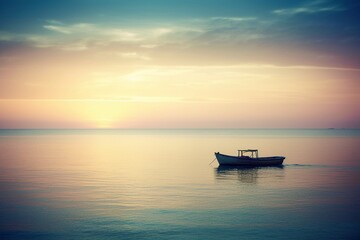 Obraz premium A Small Fishing Boat Silhouetted Against a Soft, Sunlit Sky on a Calm Sea during Daytime, Generative AI