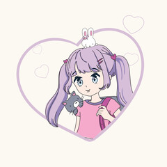 girl with heart, cute girl drawing, vector graphic design for t-shirt