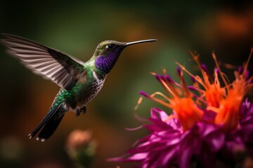 Fototapeta na wymiar hummingbird bird flying in front of the flower, generative ai
