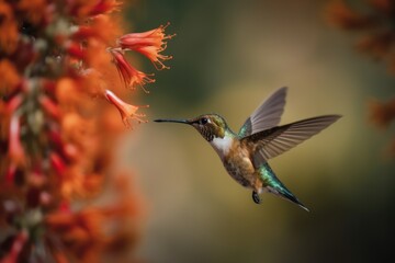 Fototapeta premium hummingbird bird flying in front of the flower, generative ai