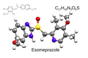 Chemical formula, skeletal formula and 3D ball-and-stick model of the proton pump inhibitor, esomeprazole